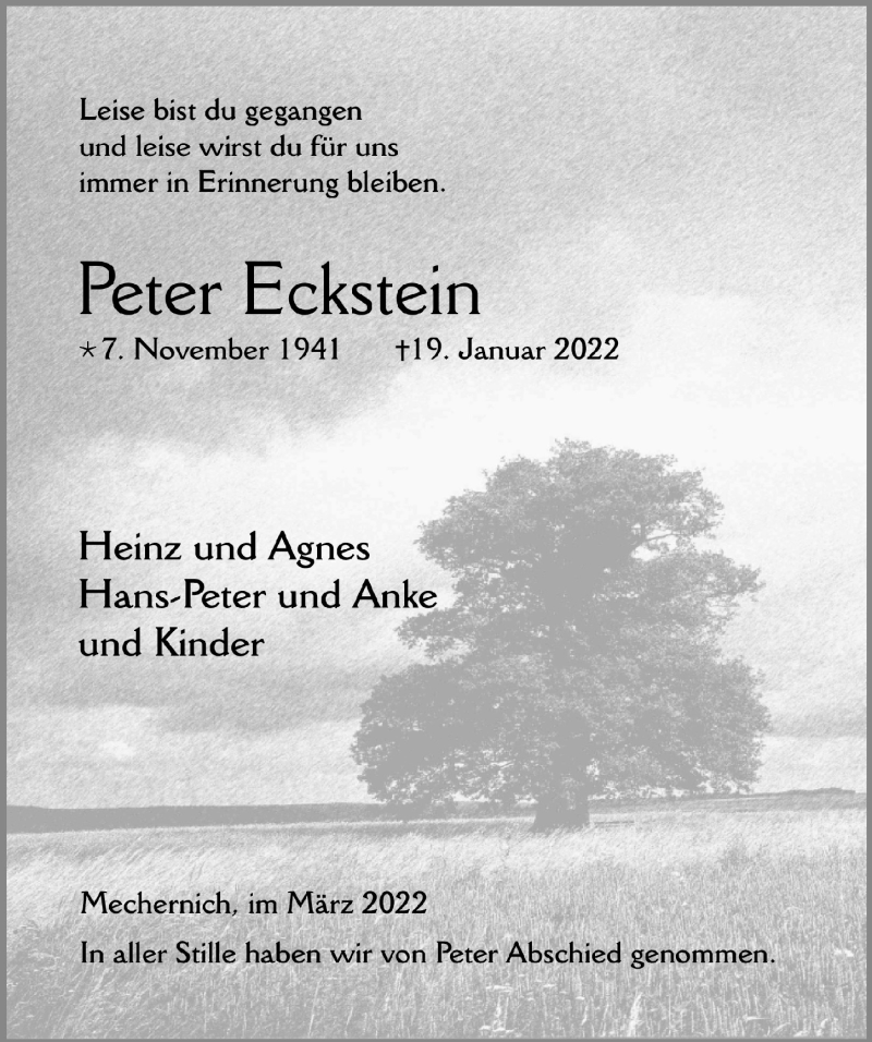  Traueranzeige für Peter Eckstein vom 05.03.2022 aus  Blickpunkt Euskirchen 