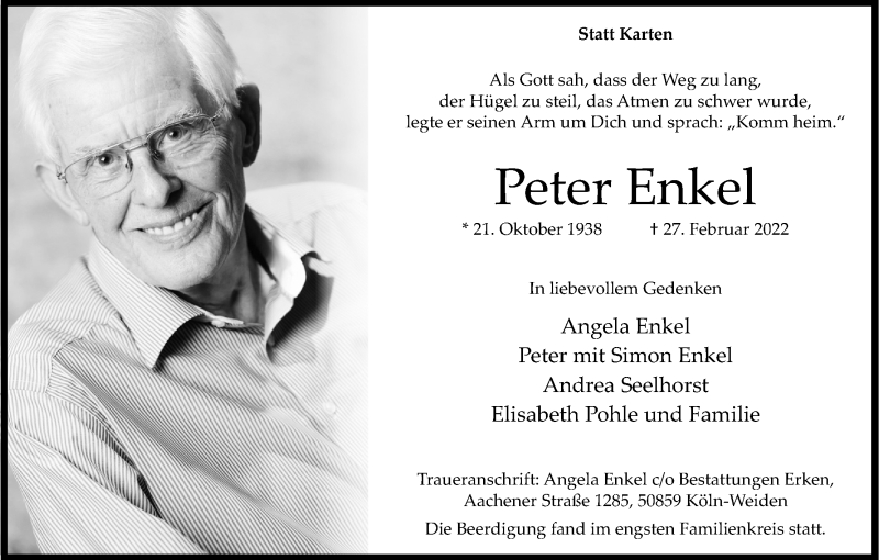  Traueranzeige für Peter Enkel vom 12.03.2022 aus Kölner Stadt-Anzeiger / Kölnische Rundschau / Express