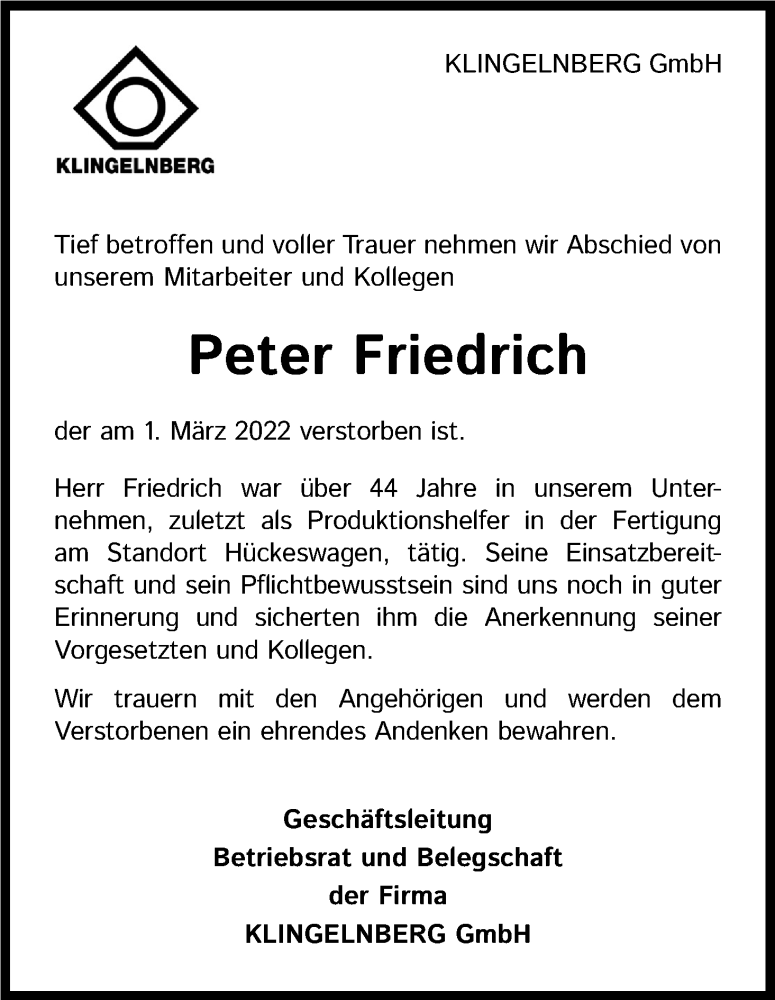  Traueranzeige für Peter Friedrich vom 09.03.2022 aus Kölner Stadt-Anzeiger / Kölnische Rundschau / Express