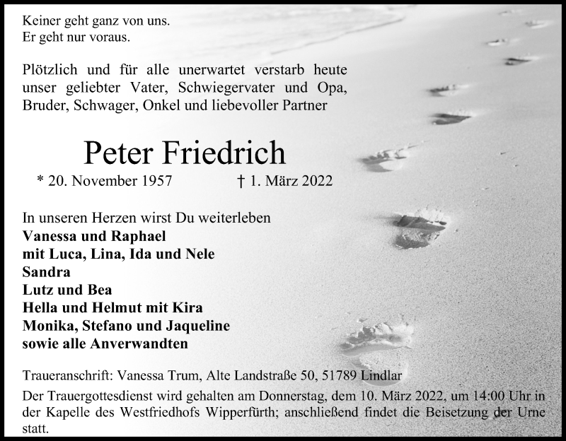  Traueranzeige für Peter Friedrich vom 05.03.2022 aus Kölner Stadt-Anzeiger / Kölnische Rundschau / Express