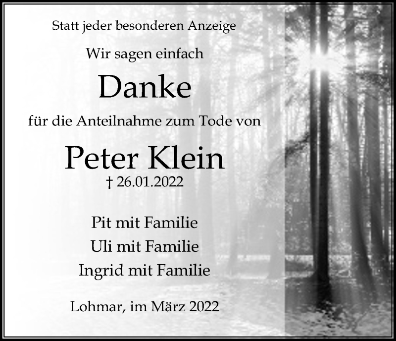  Traueranzeige für Peter Klein vom 19.03.2022 aus Kölner Stadt-Anzeiger / Kölnische Rundschau / Express