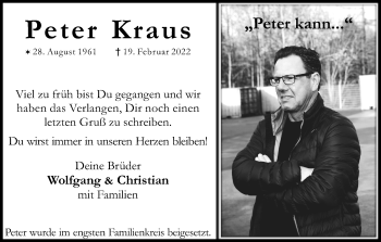 Anzeige von Peter Kraus von Kölner Stadt-Anzeiger / Kölnische Rundschau / Express