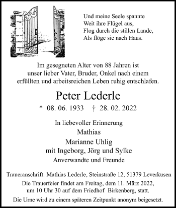 Anzeige von Peter Lederle von Kölner Stadt-Anzeiger / Kölnische Rundschau / Express