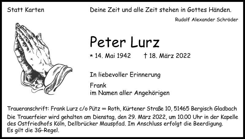  Traueranzeige für Peter Lurz vom 24.03.2022 aus Kölner Stadt-Anzeiger / Kölnische Rundschau / Express