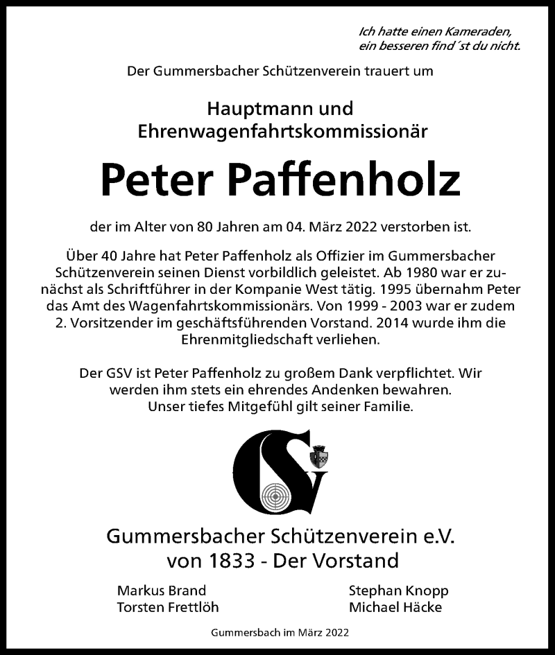  Traueranzeige für Peter Paffenholz vom 12.03.2022 aus Kölner Stadt-Anzeiger / Kölnische Rundschau / Express
