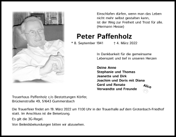 Anzeige von Peter Paffenholz von Kölner Stadt-Anzeiger / Kölnische Rundschau / Express