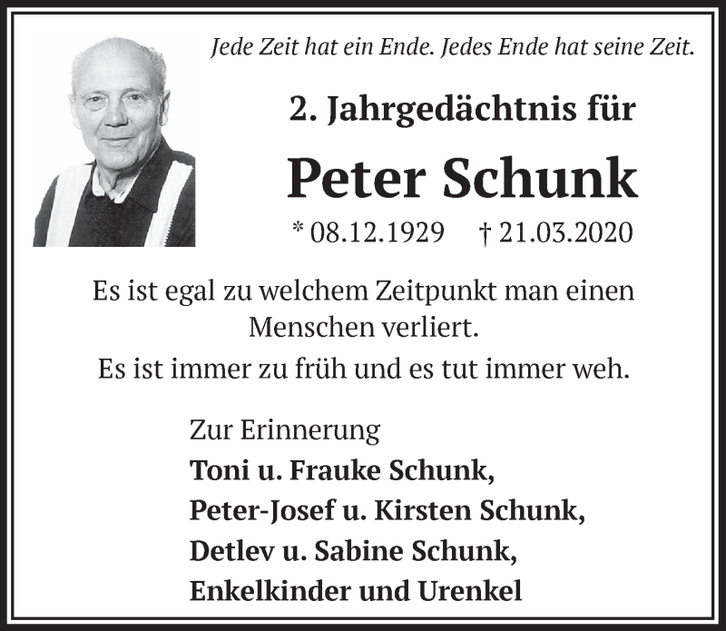 Traueranzeige für Peter Schunk vom 25.03.2022 aus  Schlossbote/Werbekurier 