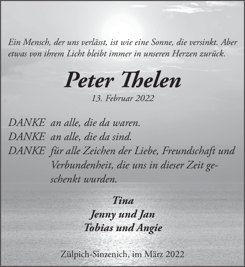 Traueranzeige für Peter Thelen vom 19.03.2022 aus  Blickpunkt Euskirchen 