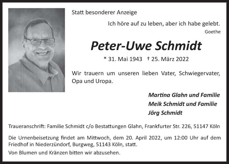  Traueranzeige für Peter-Uwe Schmidt vom 01.04.2022 aus  EXPRESS - Die Woche 