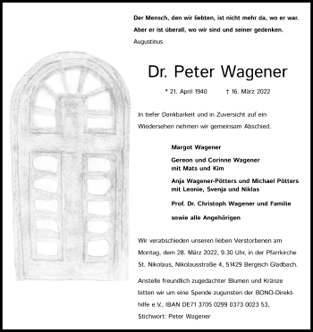 Anzeige von Peter Wagener von Kölner Stadt-Anzeiger / Kölnische Rundschau / Express
