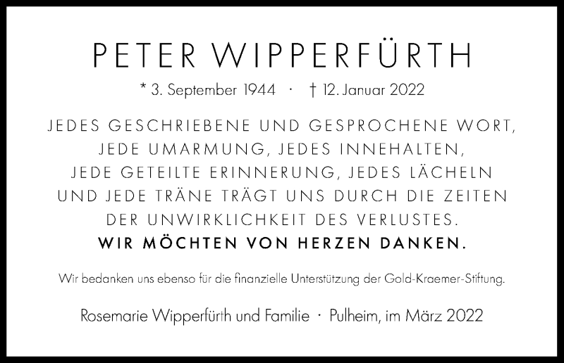  Traueranzeige für Peter Wipperfürth vom 12.03.2022 aus Kölner Stadt-Anzeiger / Kölnische Rundschau / Express