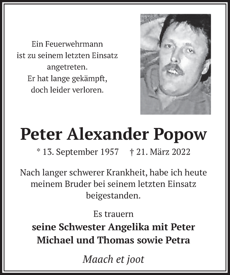  Traueranzeige für Peter Alexander Popow vom 01.04.2022 aus  Werbepost 