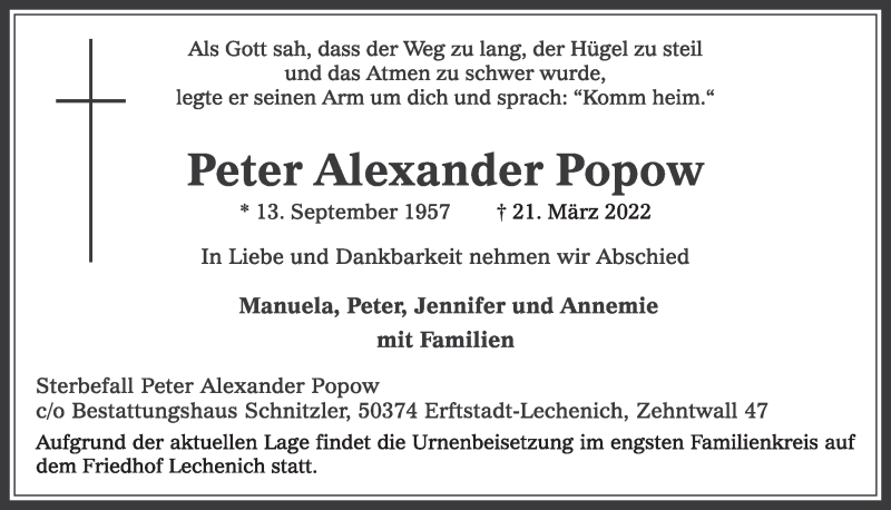  Traueranzeige für Peter Alexander Popow vom 01.04.2022 aus  Werbepost 