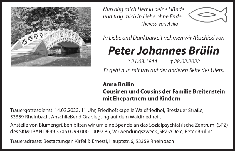  Traueranzeige für Peter Johannes Brülin vom 11.03.2022 aus  Schaufenster/Blickpunkt 