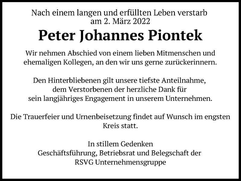  Traueranzeige für Peter Johannes Piontek vom 16.03.2022 aus Kölner Stadt-Anzeiger / Kölnische Rundschau / Express