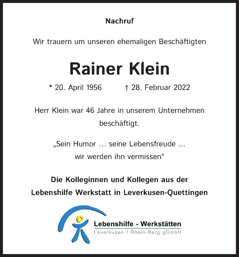  Traueranzeige für Rainer Klein vom 19.03.2022 aus Kölner Stadt-Anzeiger / Kölnische Rundschau / Express