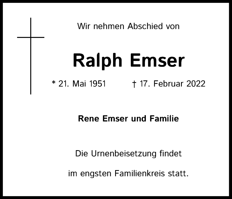  Traueranzeige für Ralph Emser vom 05.03.2022 aus Kölner Stadt-Anzeiger / Kölnische Rundschau / Express