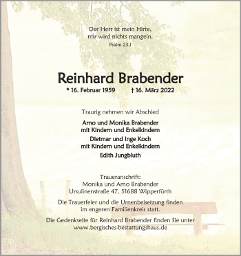 Anzeige von Reinhard Brabender von Kölner Stadt-Anzeiger / Kölnische Rundschau / Express