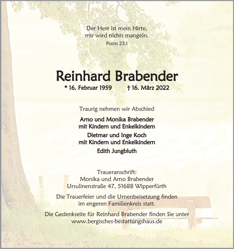  Traueranzeige für Reinhard Brabender vom 26.03.2022 aus Kölner Stadt-Anzeiger / Kölnische Rundschau / Express