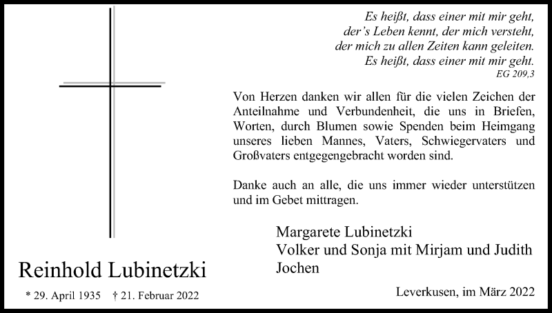 Traueranzeige für Reinhold Lubinetzki vom 26.03.2022 aus Kölner Stadt-Anzeiger / Kölnische Rundschau / Express