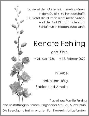 Anzeige von Renate Fehling von  Schlossbote/Werbekurier 