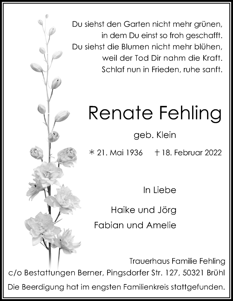  Traueranzeige für Renate Fehling vom 12.03.2022 aus Kölner Stadt-Anzeiger / Kölnische Rundschau / Express
