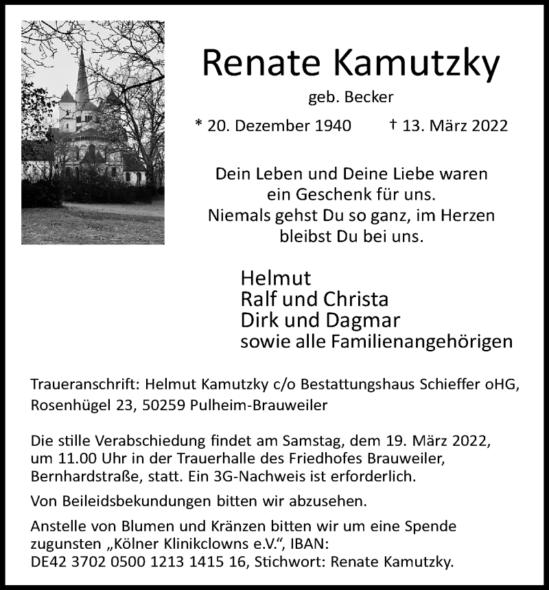 Traueranzeige für Renate Kamutzky vom 16.03.2022 aus Kölner Stadt-Anzeiger / Kölnische Rundschau / Express