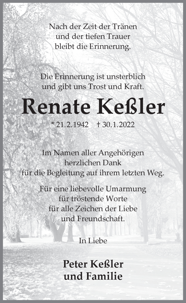  Traueranzeige für Renate Keßler vom 04.03.2022 aus  Lokalanzeiger 