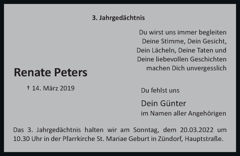  Traueranzeige für Renate Peters vom 11.03.2022 aus  EXPRESS - Die Woche 