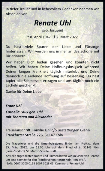 Anzeige von Renate Uhl von  EXPRESS - Die Woche 