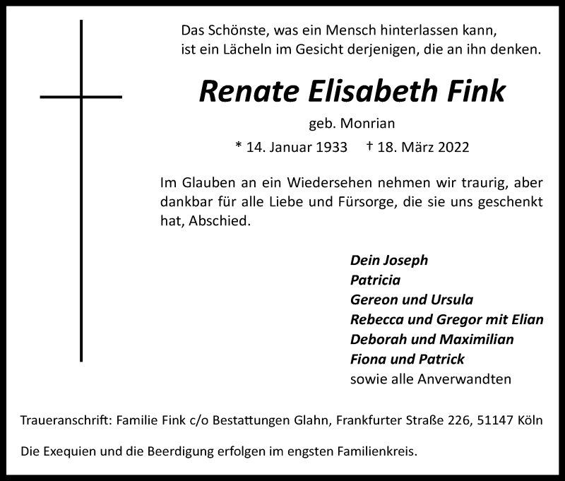  Traueranzeige für Renate Elisabeth Fink vom 26.03.2022 aus Kölner Stadt-Anzeiger / Kölnische Rundschau / Express