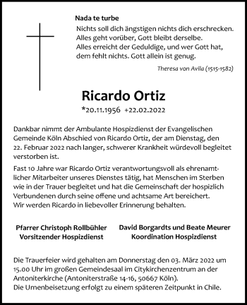 Anzeige von Ricardo Ortiz von Kölner Stadt-Anzeiger / Kölnische Rundschau / Express