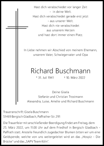 Anzeige von Richard Buschmann von Kölner Stadt-Anzeiger / Kölnische Rundschau / Express