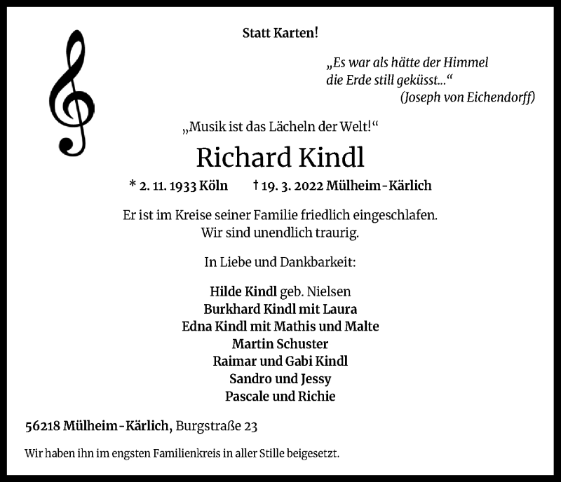  Traueranzeige für Richard Kindl vom 26.03.2022 aus Kölner Stadt-Anzeiger / Kölnische Rundschau / Express