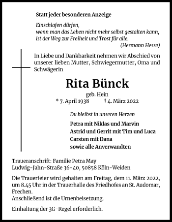 Anzeige von Rita Bünck von Kölner Stadt-Anzeiger / Kölnische Rundschau / Express
