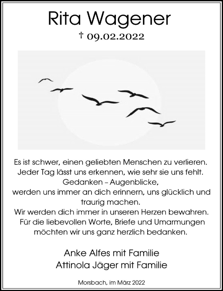  Traueranzeige für Rita Wagener vom 25.03.2022 aus  Lokalanzeiger 