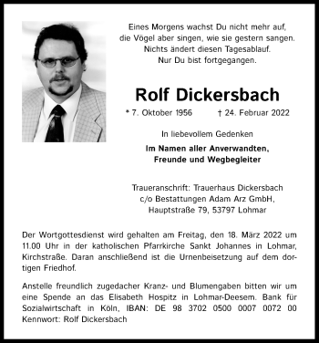 Anzeige von Rolf Dickersbach von Kölner Stadt-Anzeiger / Kölnische Rundschau / Express
