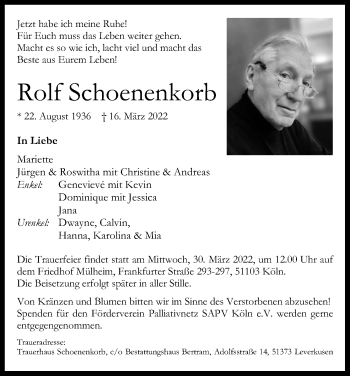 Anzeige von Rolf Schoenenkorb von Kölner Stadt-Anzeiger / Kölnische Rundschau / Express