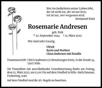 Anzeige von Rosemarie Andresen von Kölner Stadt-Anzeiger / Kölnische Rundschau / Express