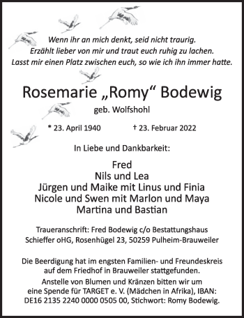 Anzeige von Rosemarie Bodewig von  Wochenende 
