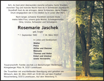 Anzeige von Rosemarie Jaschek von Kölner Stadt-Anzeiger / Kölnische Rundschau / Express