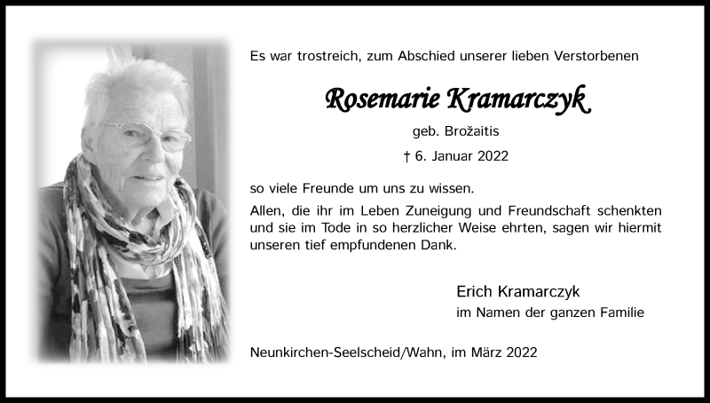  Traueranzeige für Rosemarie Kramarczyk vom 05.03.2022 aus Kölner Stadt-Anzeiger / Kölnische Rundschau / Express