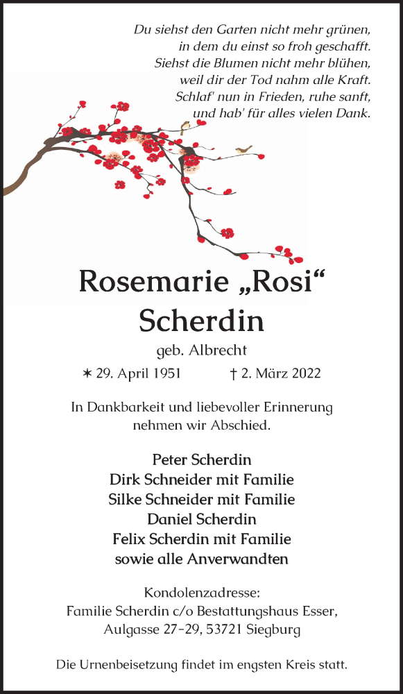  Traueranzeige für Rosemarie Scherdin vom 12.03.2022 aus Kölner Stadt-Anzeiger / Kölnische Rundschau / Express