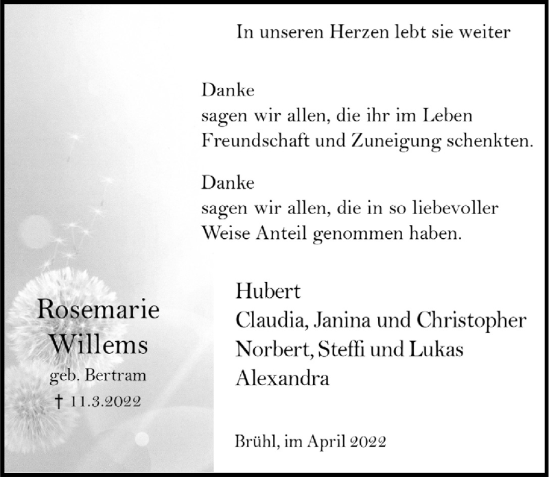  Traueranzeige für Rosemarie Willems vom 01.04.2022 aus  Schlossbote/Werbekurier 