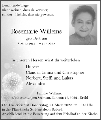 Anzeige von Rosemarie Willems von  Schlossbote/Werbekurier 