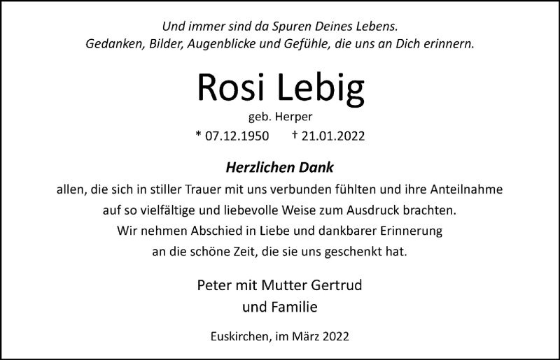  Traueranzeige für Rosi Lebig vom 05.03.2022 aus  Blickpunkt Euskirchen 