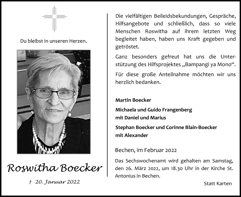  Traueranzeige für Roswitha Boecker vom 12.03.2022 aus Kölner Stadt-Anzeiger / Kölnische Rundschau / Express