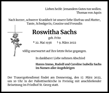 Anzeige von Roswitha Sachs von Kölner Stadt-Anzeiger / Kölnische Rundschau / Express