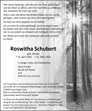 Anzeige von Roswitha Schubert von  Anzeigen Echo 