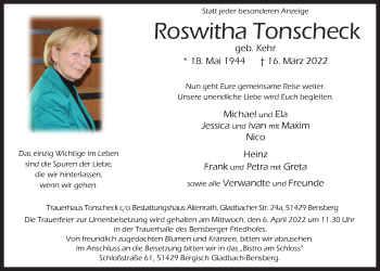 Anzeige von Roswitha Tonscheck von  Bergisches Handelsblatt 
